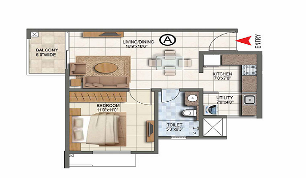1 BHK, 650 – 800 sq.ft. floor plan at Prestige Bagalur