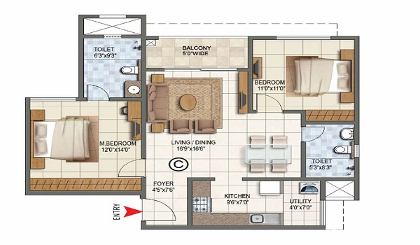 2 BHK, 1,000 – 1,300 sq.ft. floor plan at Prestige Bagalur