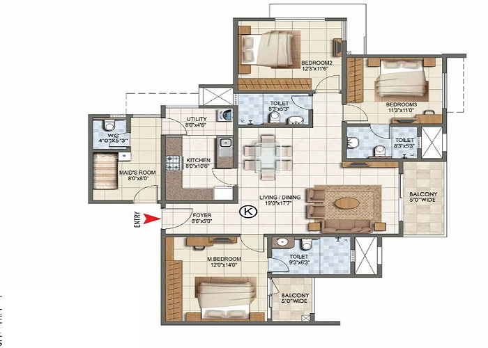 3 BHK, 1,500 - 1,800 sq.ft. floor plan at Prestige Bagalur
