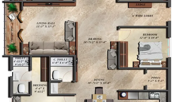 4 BHK, 2,200 - 2,500 sq.ft. floor plan at Prestige Bagalur